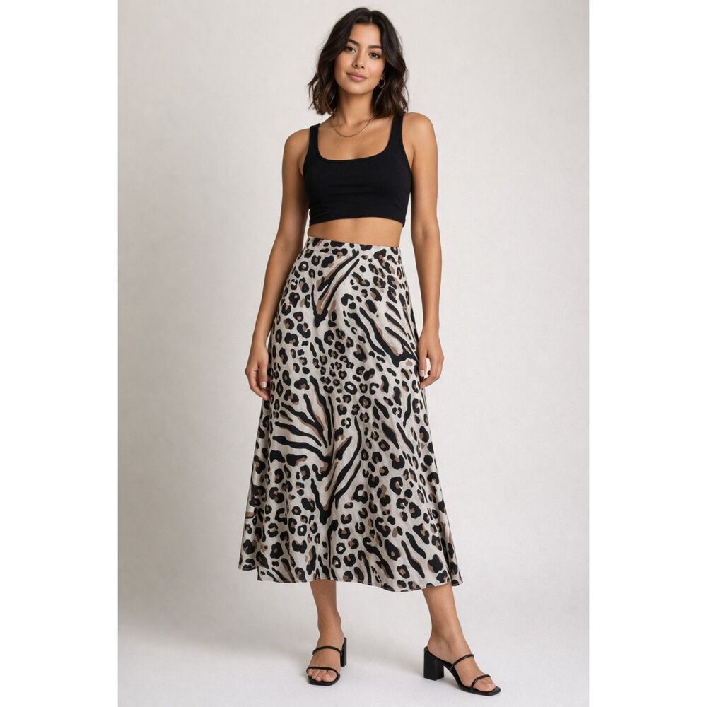 Italian Silk Blend Leopard Print Midi Skirt Womens L Elastic Waist